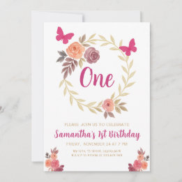 Elegant Floral  Watercolor 1st Birthday Kaart