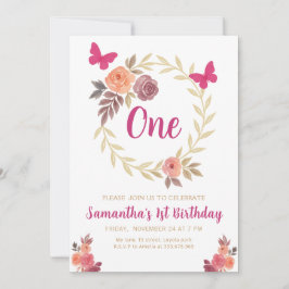Elegant Floral  Watercolor 1st Birthday Kaart