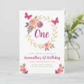 Elegant Floral  Watercolor 1st Birthday Kaart (Staand voorkant)