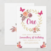 Elegant Floral  Watercolor 1st Birthday Kaart (Voorkant / Achterkant)