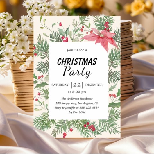 Elegant Floral Watercolor Christmas Party  Kaart