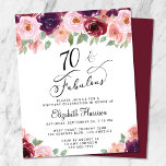 Elegant Floral Waterverf 70th Birthday Invitation<br><div class="desc">Elegant,  chic en budgetvriendelijk,  70ste verjaardagsfeest met de opschriften "70 & Fabulous" in een stijlvol script en waterverf boekjes van gebrande rode,  wazige roze en paarse bloemen met lichtgrijze opnamen. Eenvoudig aan te passen met haar naam en partijgegevens.</div>