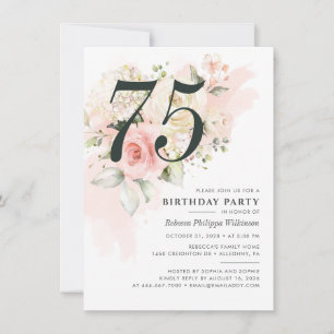 Elegant Floral Waterverf 75th Birthday Party Kaart
