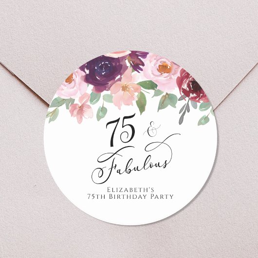 Elegant Floral Waterverf 75th Birthday Party Ronde Sticker