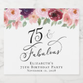 Elegant Floral Waterverf 75th Birthday Party Sparkling Wijnetiket (Enkel label)
