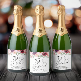 Elegant Floral Waterverf 75th Birthday Party Sparkling Wijnetiket