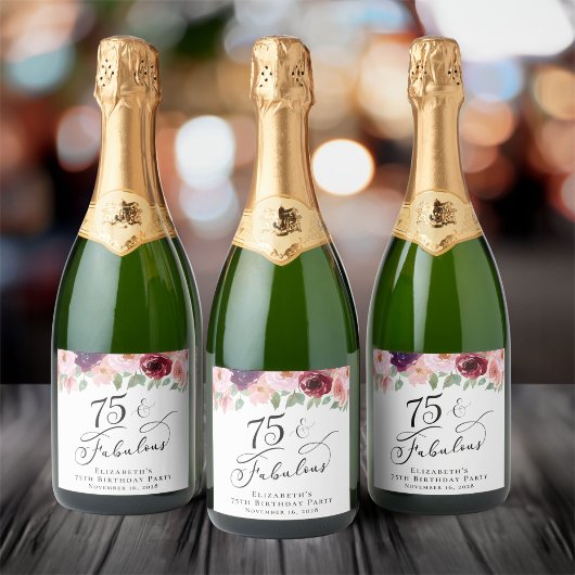 Elegant Floral Waterverf 75th Birthday Party Sparkling Wijnetiket