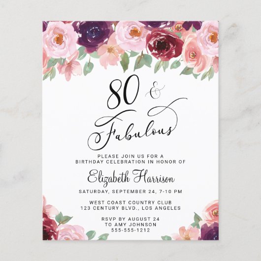 Elegant Floral Waterverf 80th Birthday Invitation (Voorkant)
