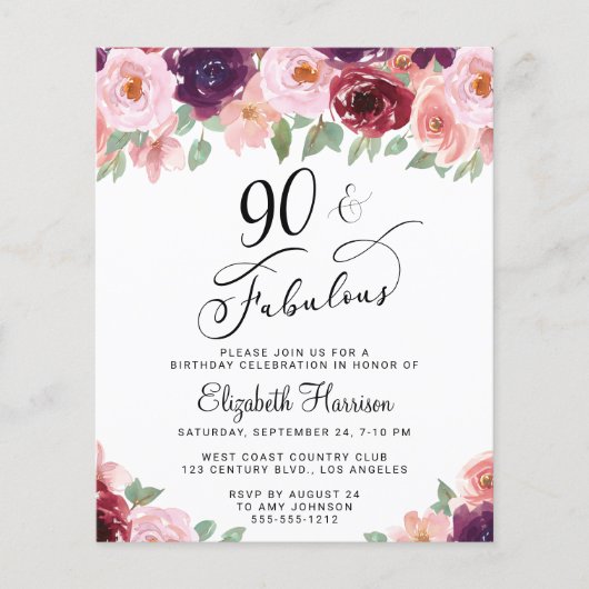 Elegant Floral Waterverf 90th Birthday Invitation (Voorkant)