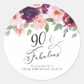Elegant Floral Waterverf 90th Birthday Party Ronde Sticker (Voorkant)