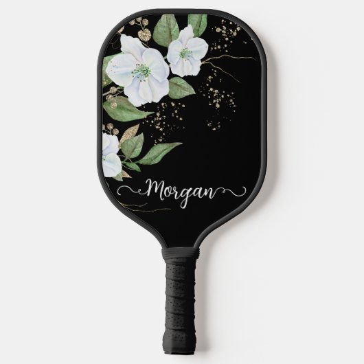 Elegant Floral Waterverf Black Gold Script Name Pickleball Paddle (Achterkant)