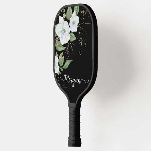 Elegant Floral Waterverf Black Gold Script Name Pickleball Paddle (Links)