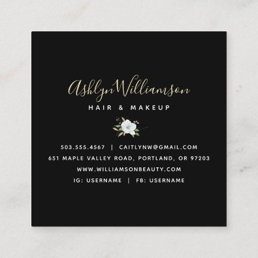 Elegant Floral Waterverf Black Modern Gold Script Vierkante Visitekaartje (Achterkant)
