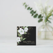 Elegant Floral Waterverf Black Modern Gold Script Vierkante Visitekaartje (Staand voorkant)