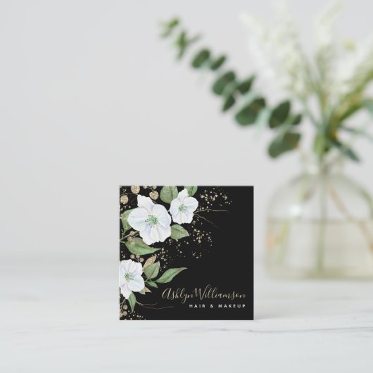 Elegant Floral Waterverf Black Modern Gold Script Vierkante Visitekaartje (Staand voorkant)