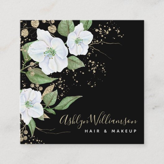 Elegant Floral Waterverf Black Modern Gold Script Vierkante Visitekaartje (Voorkant)