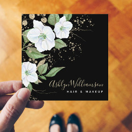 Elegant Floral Waterverf Black Modern Gold Script Vierkante Visitekaartje