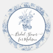 Elegant Floral Waterverf Blue White Vrijgezellenfe Ronde Sticker (Voorkant)