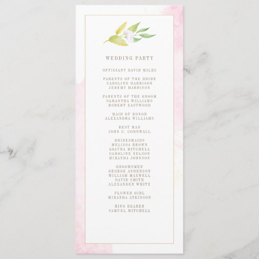 Elegant Floral Waterverf Botanische roze bruiloft Programmakaart (Achterkant)