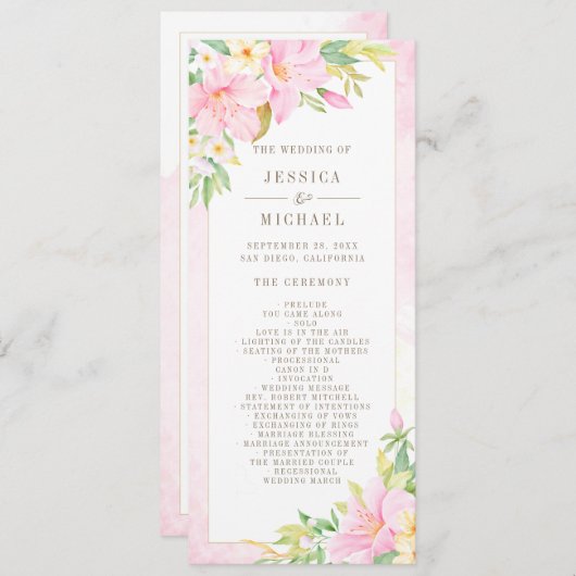 Elegant Floral Waterverf Botanische roze bruiloft Programmakaart (Voorkant / Achterkant)