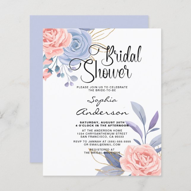 Elegant Floral Waterverf Bridal Shower Invitation (Voorkant / Achterkant)