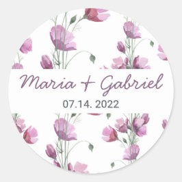 Elegant floral waterverf bruiloft monogram klassie ronde sticker