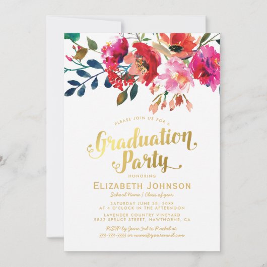Elegant Floral Waterverf Graduation Party Kaart (Voorkant)