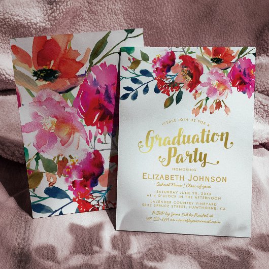 Elegant Floral Waterverf Graduation Party Kaart