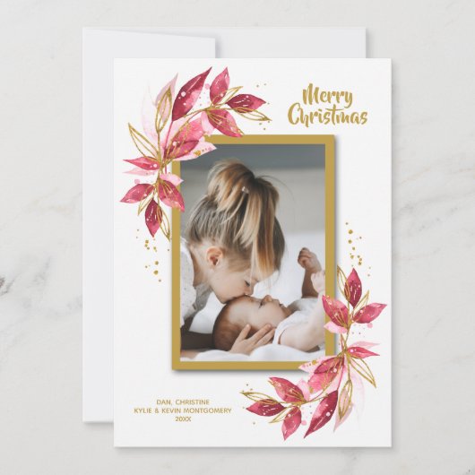 Elegant Floral Waterverf kerstfoto Feestdagenkaart (Voorkant)