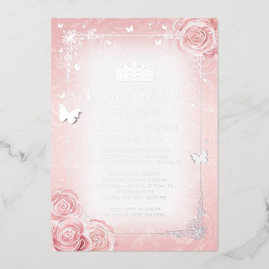 Elegant Floral Waterverf Licht roze Quinceanera Folie Uitnodiging (Voorkant)