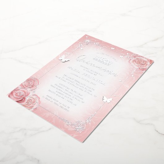 Elegant Floral Waterverf Licht roze Quinceanera Folie Uitnodiging (Gedraaid)