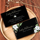 Elegant Floral Waterverf Modern Zwart Goud Script Visitekaartje