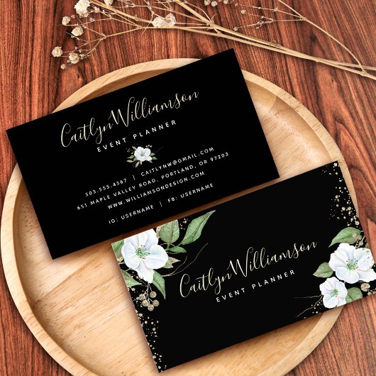 Elegant Floral Waterverf Modern Zwart Goud Script Visitekaartje