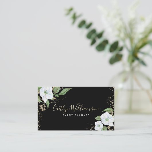 Elegant Floral Waterverf Modern Zwart Goud Script Visitekaartje (Staand voorkant)