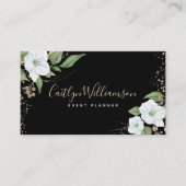Elegant Floral Waterverf Modern Zwart Goud Script Visitekaartje (Voorkant)