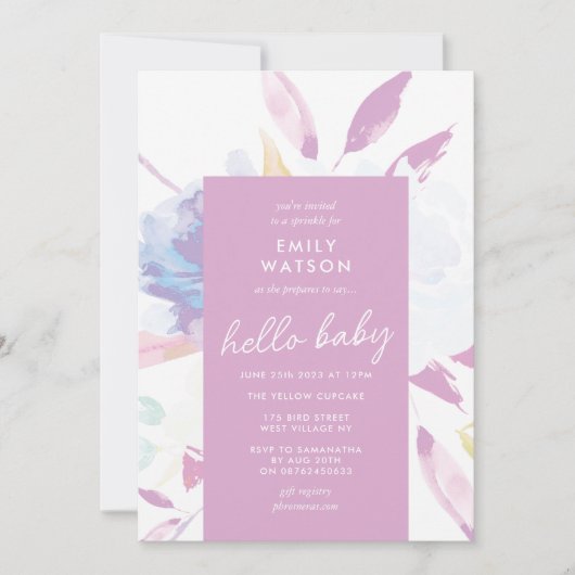 Elegant Floral Waterverf Paars Hallo Baby shower Kaart (Voorkant)