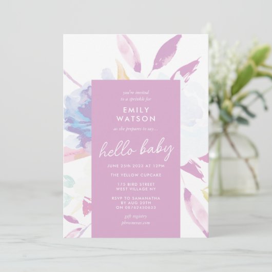 Elegant Floral Waterverf Paars Hallo Baby shower Kaart (Staand voorkant)