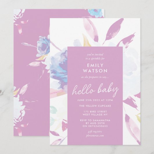 Elegant Floral Waterverf Paars Hallo Baby shower Kaart (Voorkant / Achterkant)