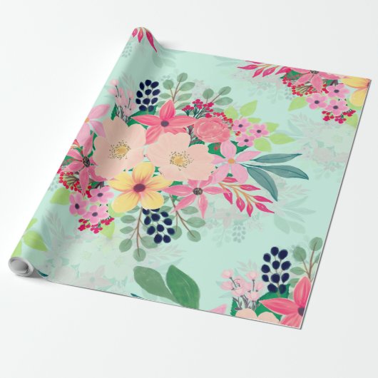 Elegant Floral Waterverf Paint Mint Girly Design Cadeaupapier (Uitgerold)