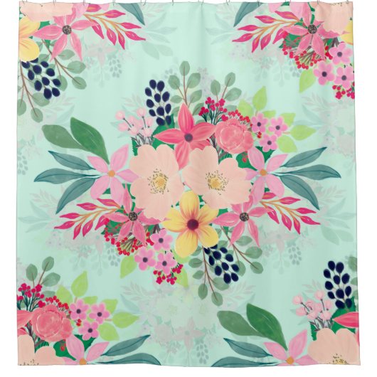 Elegant Floral Waterverf Paint Mint Girly Design Douchegordijn (Voorkant)