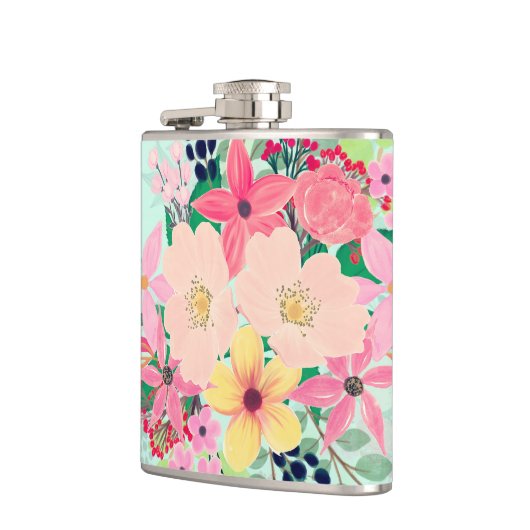 Elegant Floral Waterverf Paint Mint Girly Design Heupfles (Links)