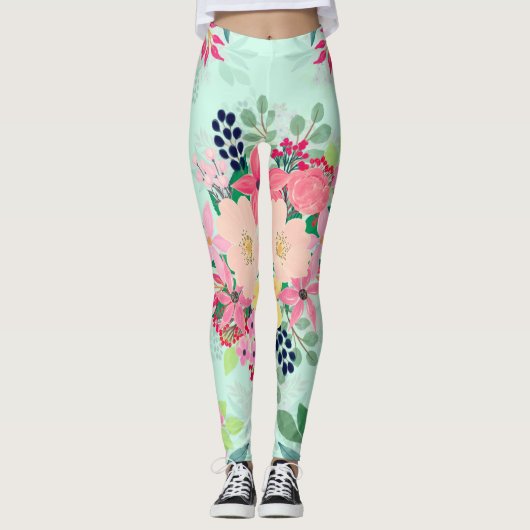 Elegant Floral Waterverf Paint Mint Girly Design Leggings (Voorkant)