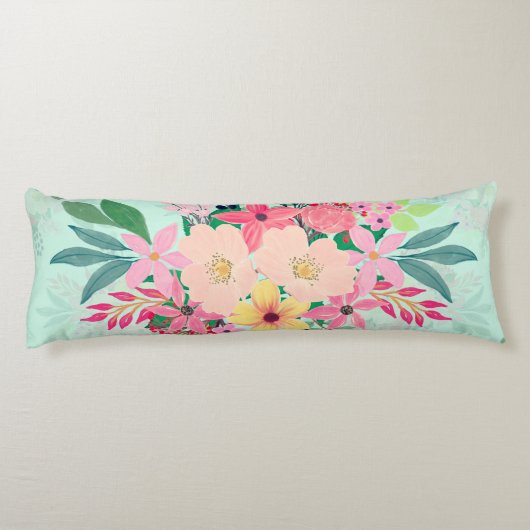 Elegant Floral Waterverf Paint Mint Girly Design Lichaamskussen (Achterkant)