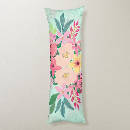 Elegant Floral Waterverf Paint Mint Girly Design Lichaamskussen (Achterkant (Verticaal))