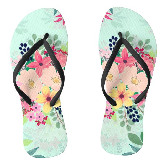 Elegant Floral Waterverf Paint Mint Girly Design Teenslippers (Voetbed)