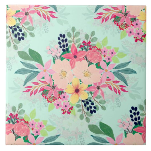 Elegant Floral Waterverf Paint Mint Girly Design Tegeltje (Voorkant)