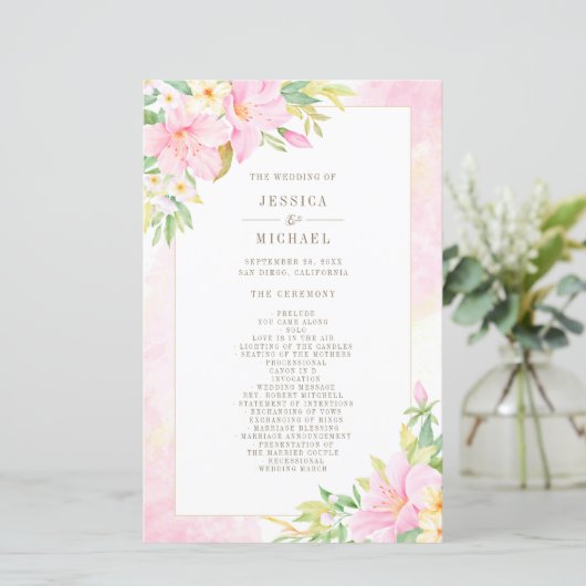 Elegant Floral Waterverf Pink Wedding Programme (Staand voorkant)