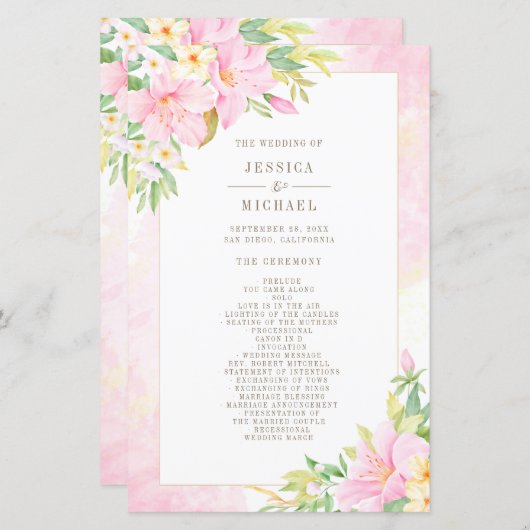 Elegant Floral Waterverf Pink Wedding Programme (Voorkant / Achterkant)