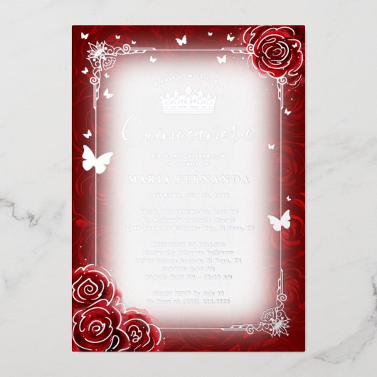 Elegant Floral Waterverf Red Rose Quinceanera Folie Uitnodiging (Voorkant)