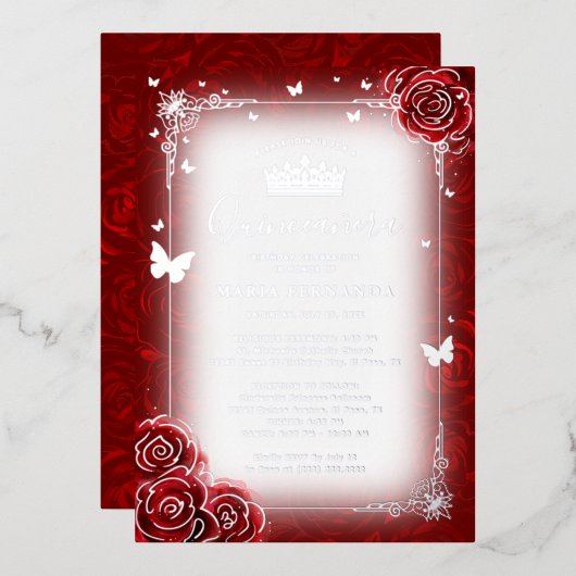 Elegant Floral Waterverf Red Rose Quinceanera Folie Uitnodiging (Voorkant / Achterkant)